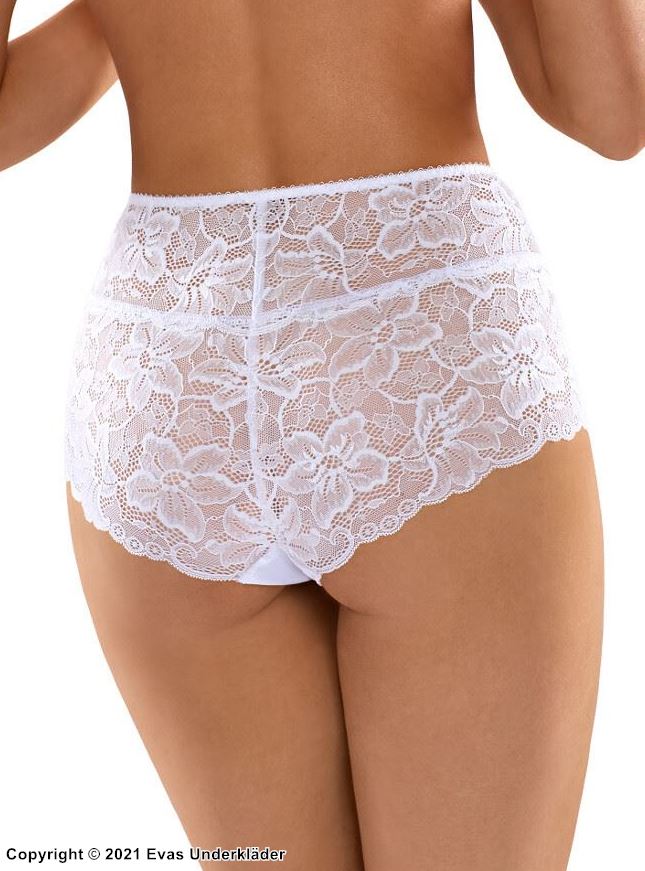 Romantic high waist panties, floral lace, plain front inlay